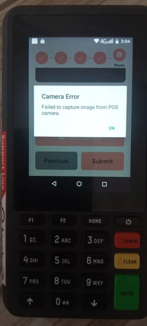 A POS terminal showing a “Camera Error: Failed to capture image from POS camera” dialog in the middle of a photo step.