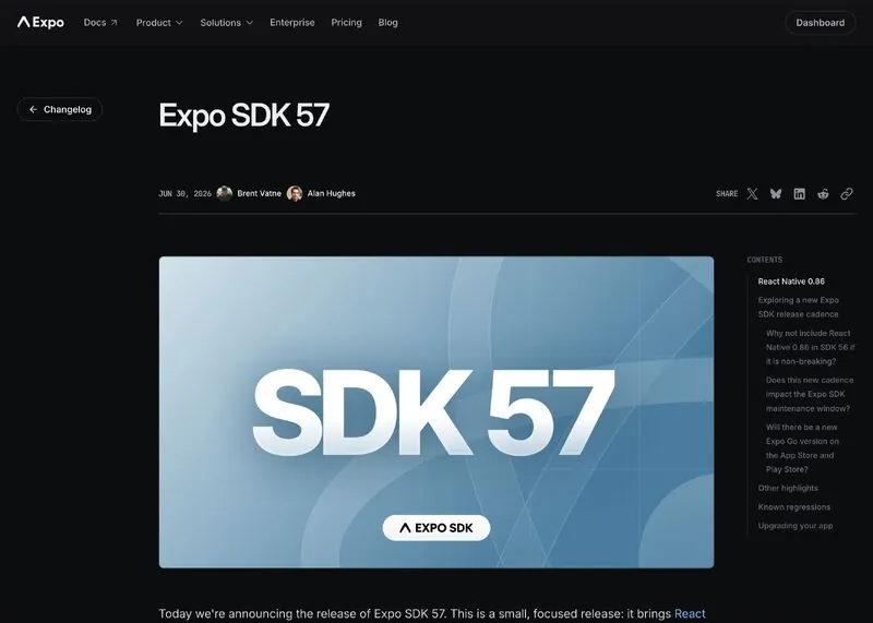 The Expo SDK 57 release announcement on the Expo changelog.