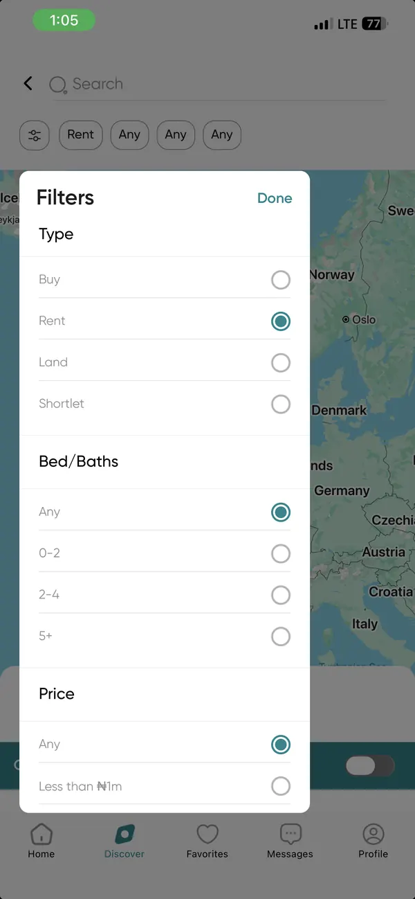 Hoydoon filters sheet: property type (buy, rent, land, shortlet), bedrooms and price in naira.