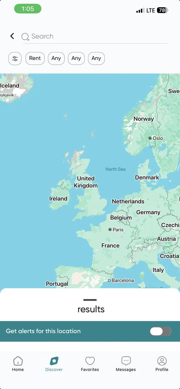 Hoydoon Discover screen: map search with rent and price filters, and an alert toggle for the area.