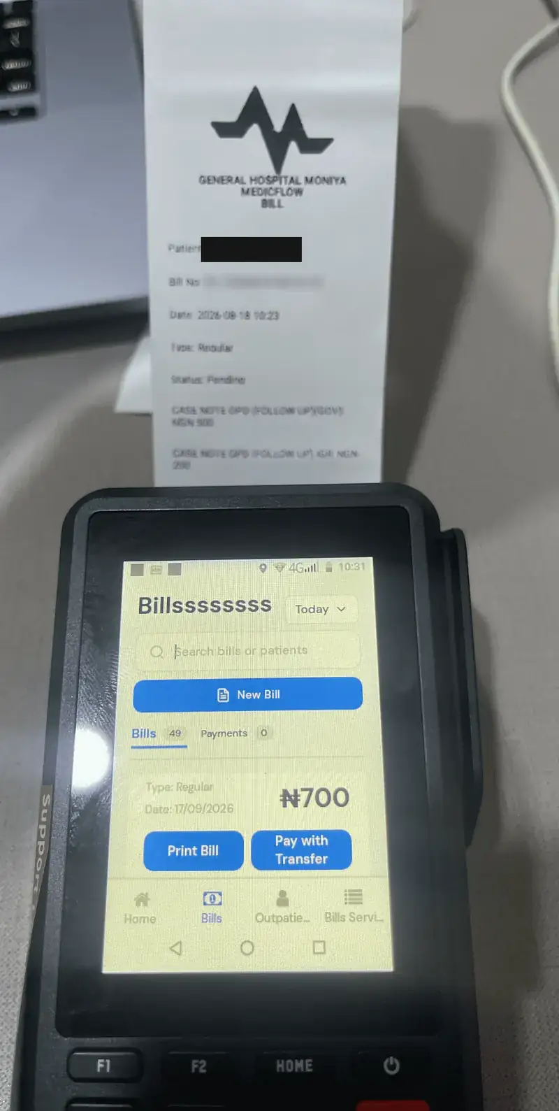 MedicFlow bills screen on a POS terminal, with a printed patient bill from General Hospital Moniya above it. Patient details redacted.