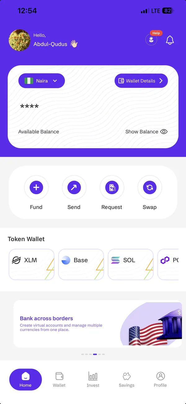SurgePay home screen: naira wallet with the balance hidden, fund, send, request and swap actions, and XLM, Base and SOL token wallets.