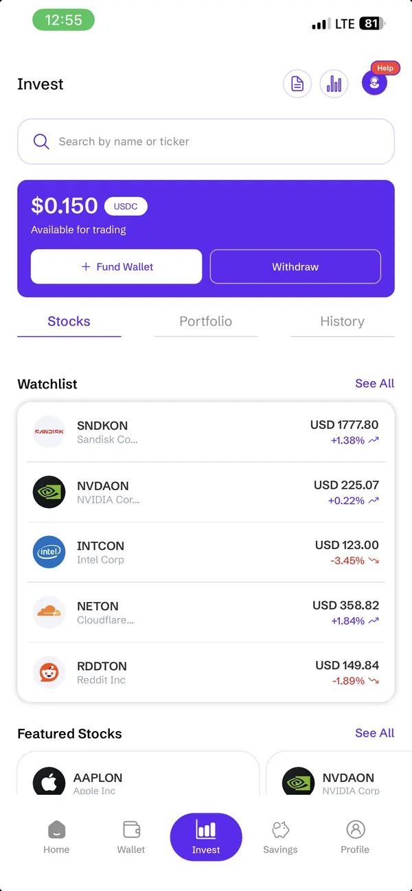 SurgePay Invest tab: USDC trading balance with fund and withdraw actions, and a stock watchlist.