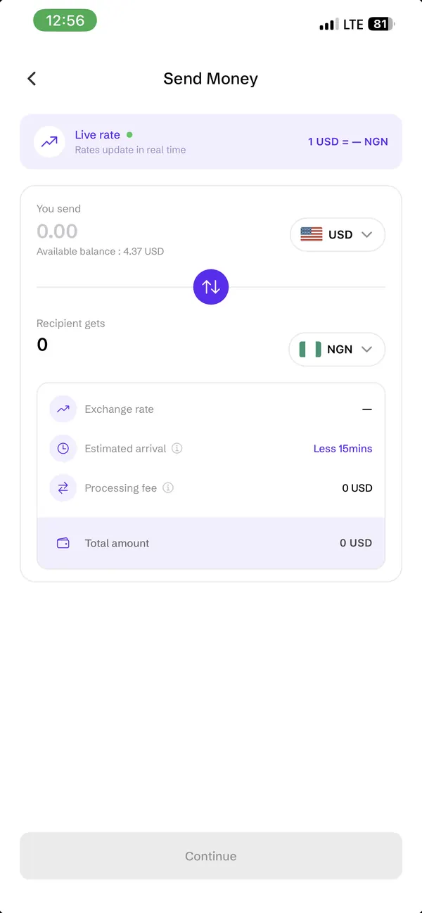SurgePay Send Money screen: live USD to NGN rate, amount entry, estimated arrival and processing fee.